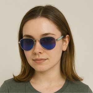 Marietta Women’s Silver Aviator Sunglasses with Blue Mirrored Lenses & Mint Arms